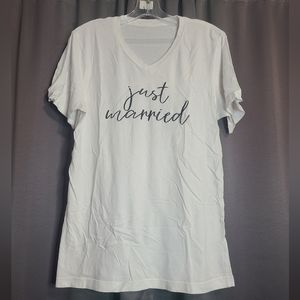 White Just Married V Neck T Shirt